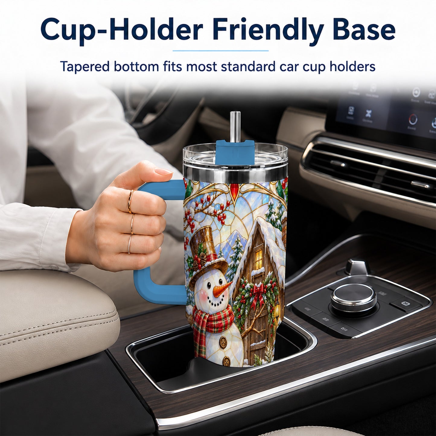 #pl[40oz|Blue] Snowman Cabin 40oz Tumbler with Handle, Stained Glass Style Travel Cup
