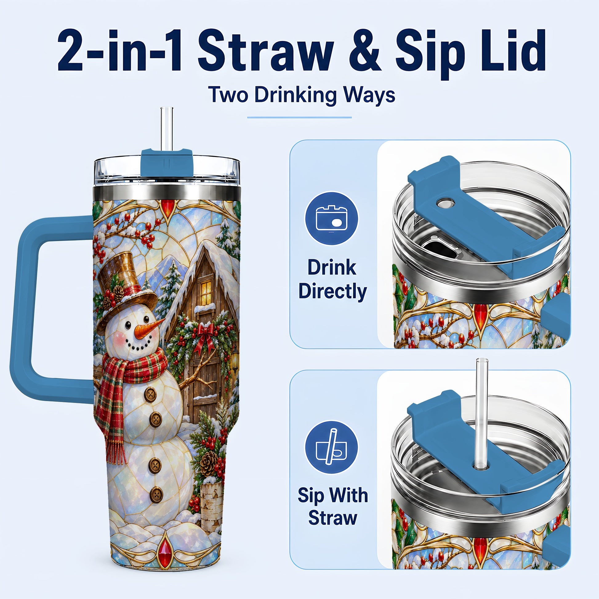 #pl[40oz|Blue] Snowman Cabin 40oz Tumbler with Handle, Stained Glass Style Travel Cup