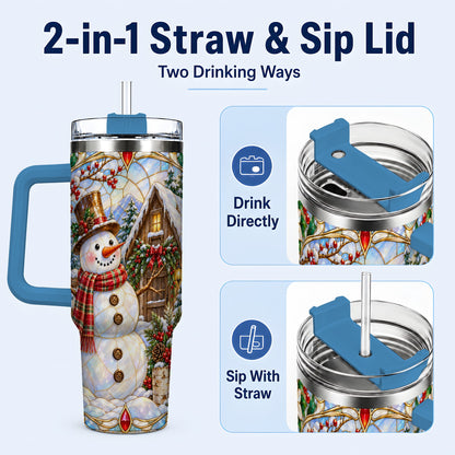 #pl[40oz|Blue] Snowman Cabin 40oz Tumbler with Handle, Stained Glass Style Travel Cup