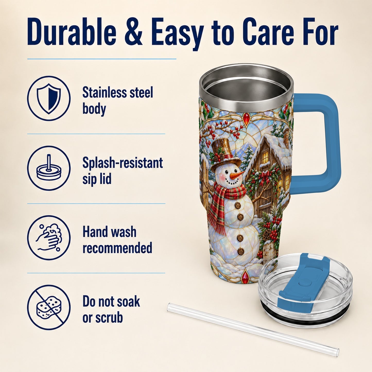 #pl[40oz|Blue] Snowman Cabin 40oz Tumbler with Handle, Stained Glass Style Travel Cup