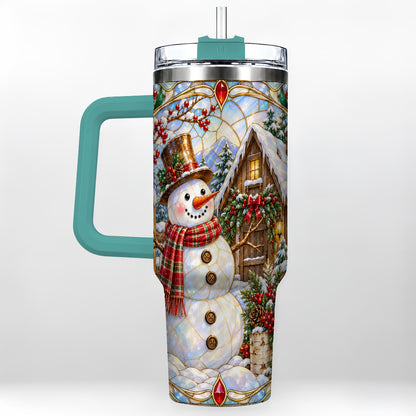 #pl[40oz|Green] Snowman Cabin 40oz Tumbler with Handle, Stained Glass Style Travel Cup