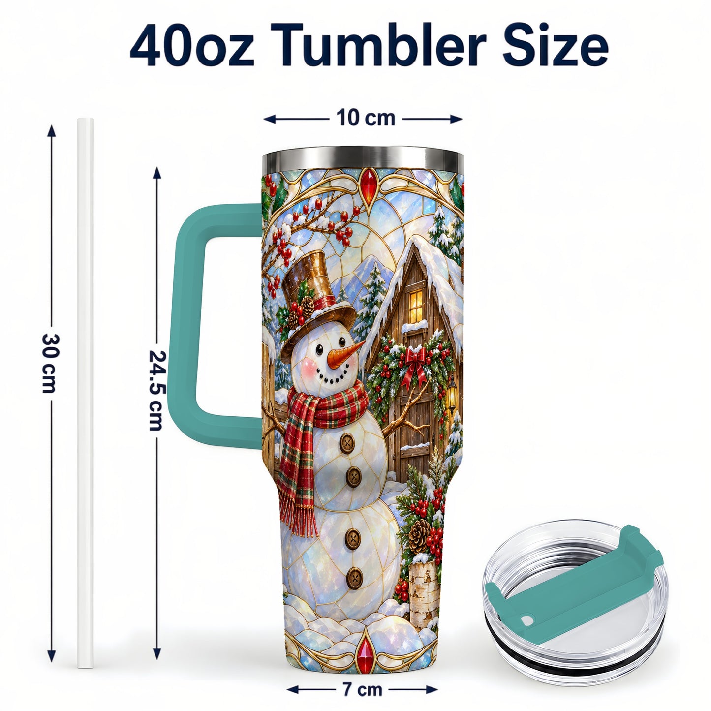 #pl[40oz|Green] Snowman Cabin 40oz Tumbler with Handle, Stained Glass Style Travel Cup