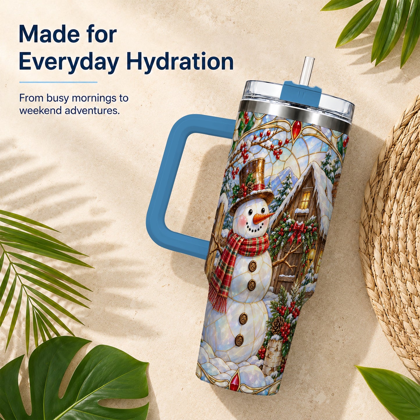 #pl[40oz|Blue] Snowman Cabin 40oz Tumbler with Handle, Stained Glass Style Travel Cup