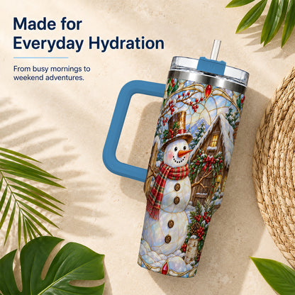 #pl[40oz|Blue] Snowman Cabin 40oz Tumbler with Handle, Stained Glass Style Travel Cup