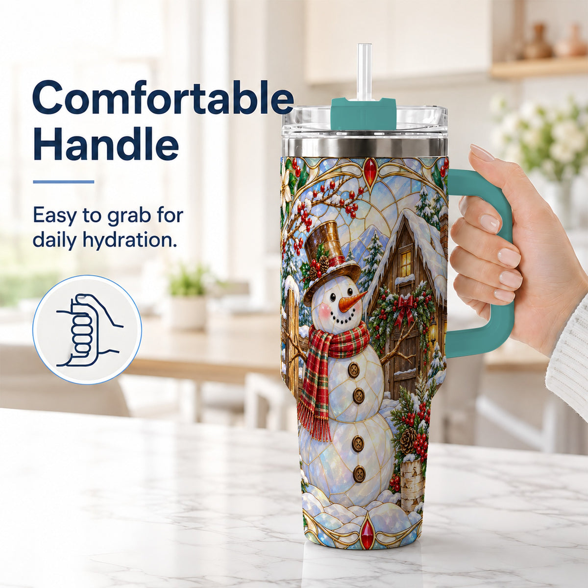 #pl[40oz|Green] Snowman Cabin 40oz Tumbler with Handle, Stained Glass Style Travel Cup