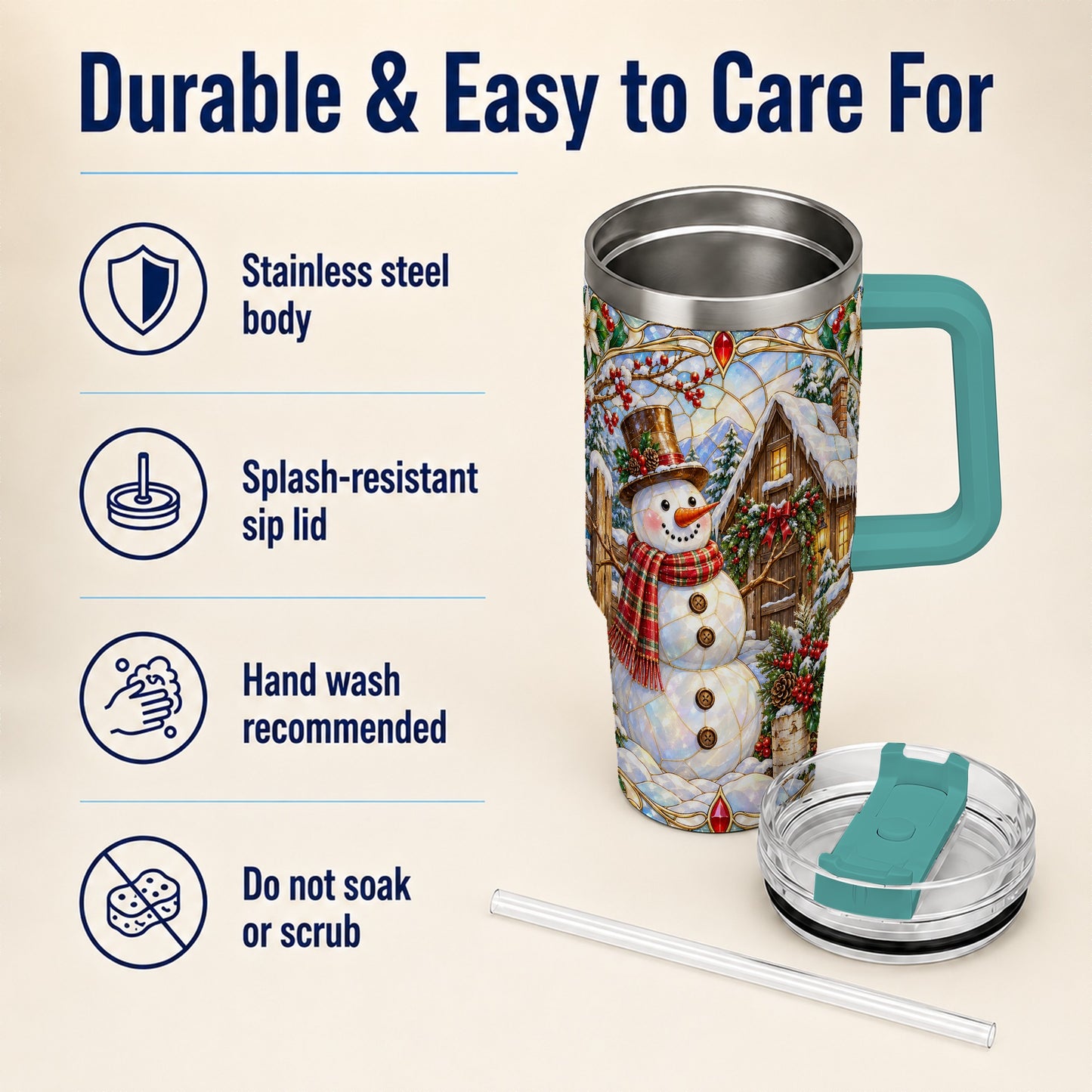 #pl[40oz|Green] Snowman Cabin 40oz Tumbler with Handle, Stained Glass Style Travel Cup