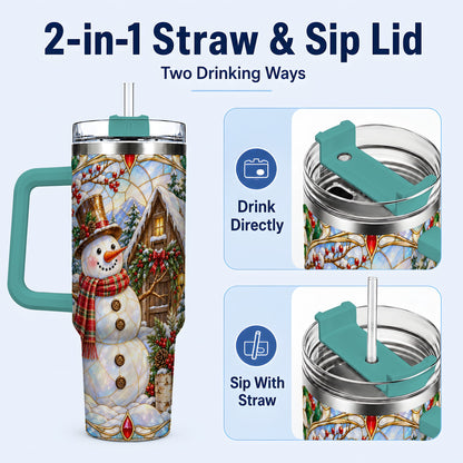 #pl[40oz|Green] Snowman Cabin 40oz Tumbler with Handle, Stained Glass Style Travel Cup