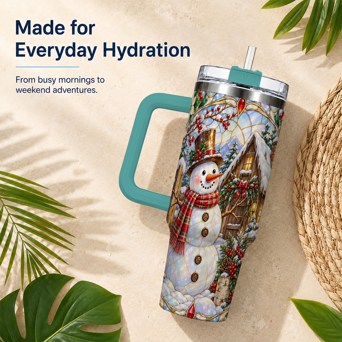 #pl[40oz|Green] Snowman Cabin 40oz Tumbler with Handle, Stained Glass Style Travel Cup