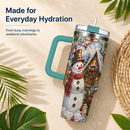 #pl[40oz|Green] Snowman Cabin 40oz Tumbler with Handle, Stained Glass Style Travel Cup