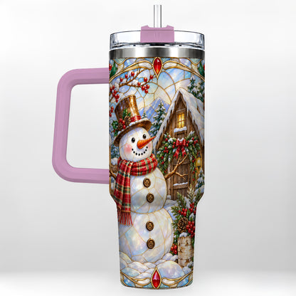 #pl[40oz|Pink] Snowman Cabin 40oz Tumbler with Handle, Stained Glass Style Travel Cup