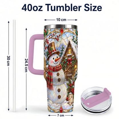 #pl[40oz|Pink] Snowman Cabin 40oz Tumbler with Handle, Stained Glass Style Travel Cup