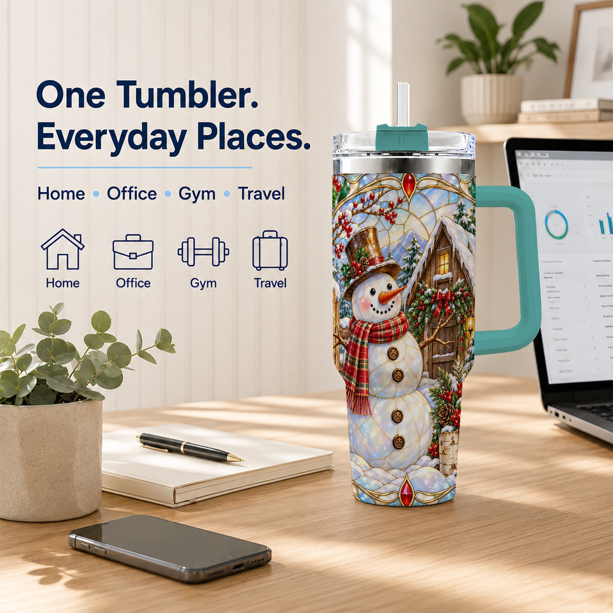 #pl[40oz|Green] Snowman Cabin 40oz Tumbler with Handle, Stained Glass Style Travel Cup