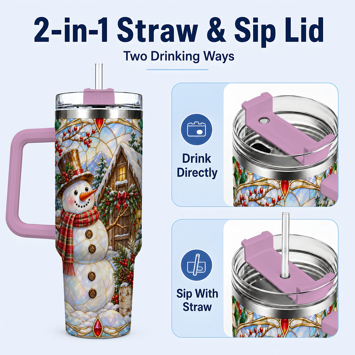 #pl[40oz|Pink] Snowman Cabin 40oz Tumbler with Handle, Stained Glass Style Travel Cup