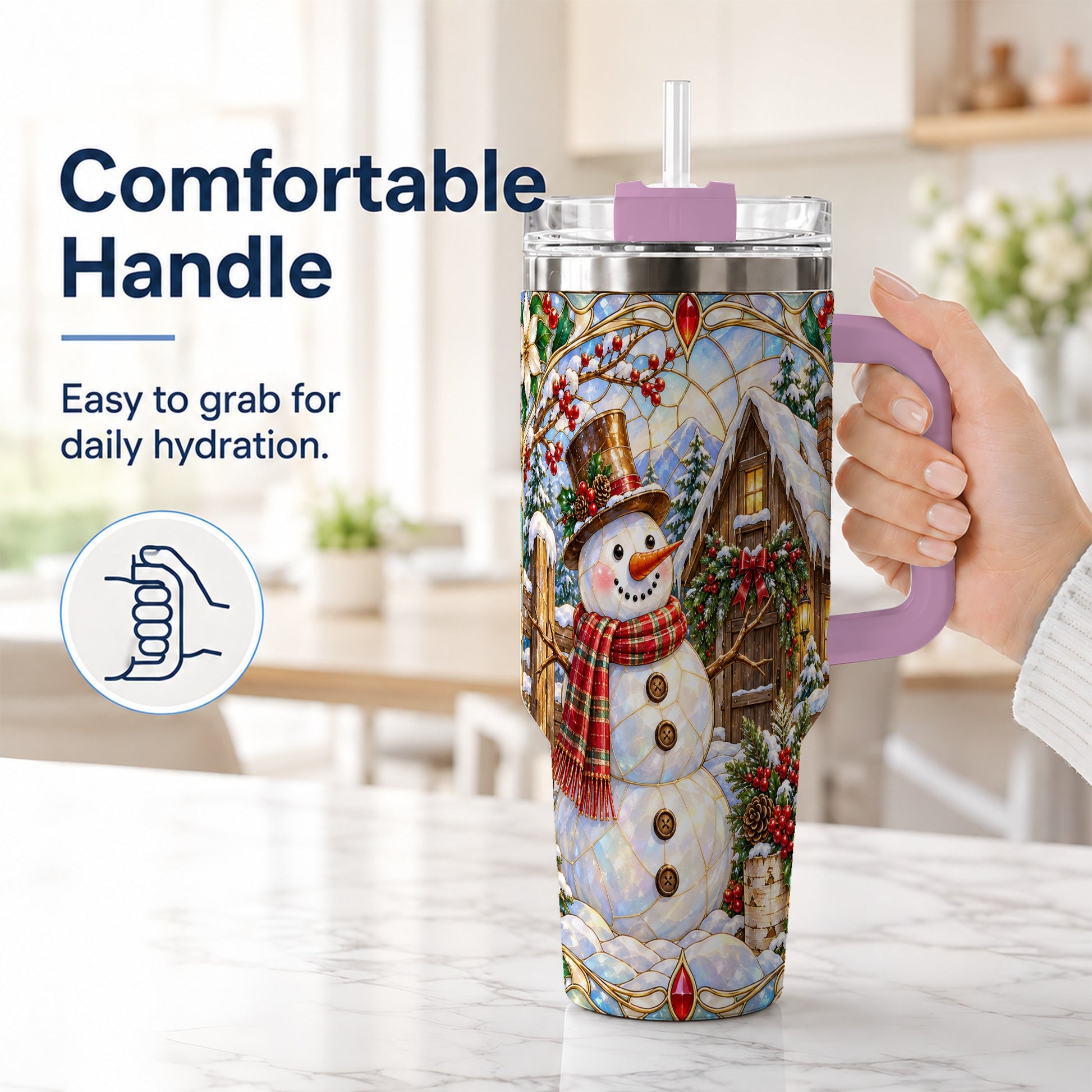 #pl[40oz|Pink] Snowman Cabin 40oz Tumbler with Handle, Stained Glass Style Travel Cup