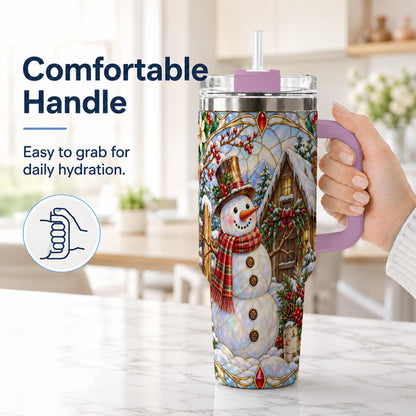 #pl[40oz|Pink] Snowman Cabin 40oz Tumbler with Handle, Stained Glass Style Travel Cup