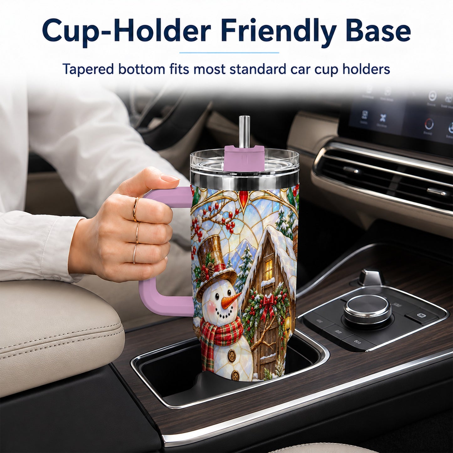 #pl[40oz|Pink] Snowman Cabin 40oz Tumbler with Handle, Stained Glass Style Travel Cup