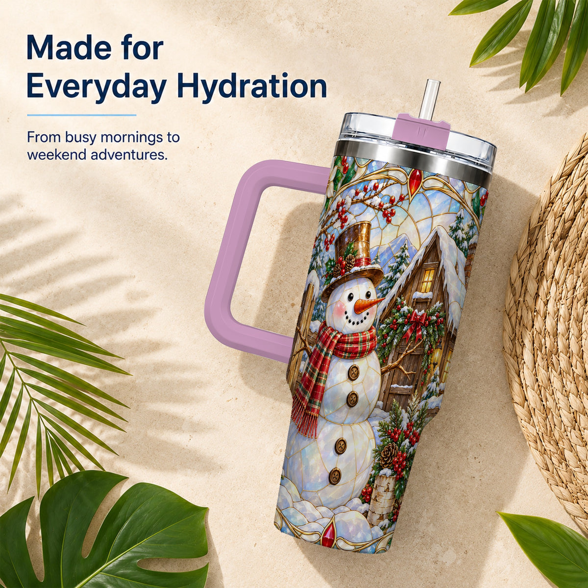 #pl[40oz|Pink] Snowman Cabin 40oz Tumbler with Handle, Stained Glass Style Travel Cup