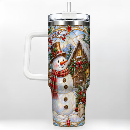 Snowman Cabin 40oz Tumbler with Handle, Stained Glass Style Travel Cup