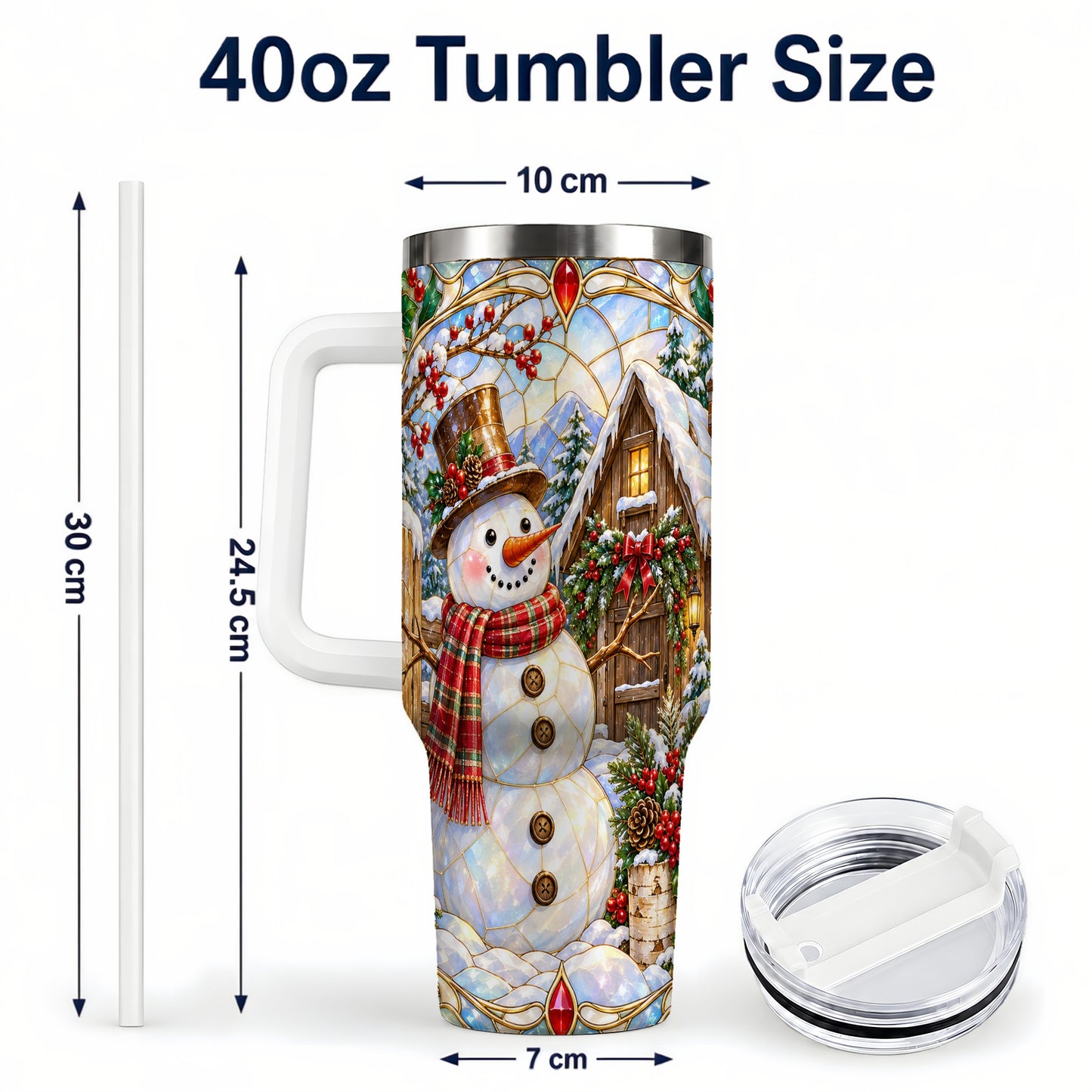 #pl[40oz|White] Snowman Cabin 40oz Tumbler with Handle, Stained Glass Style Travel Cup