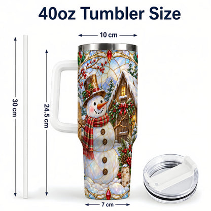 #pl[40oz|White] Snowman Cabin 40oz Tumbler with Handle, Stained Glass Style Travel Cup