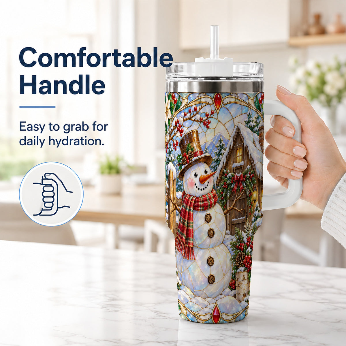 #pl[40oz|White] Snowman Cabin 40oz Tumbler with Handle, Stained Glass Style Travel Cup
