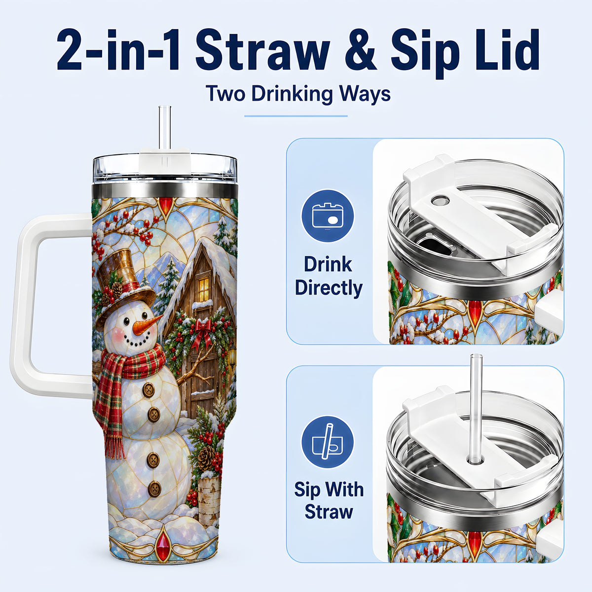 #pl[40oz|White] Snowman Cabin 40oz Tumbler with Handle, Stained Glass Style Travel Cup