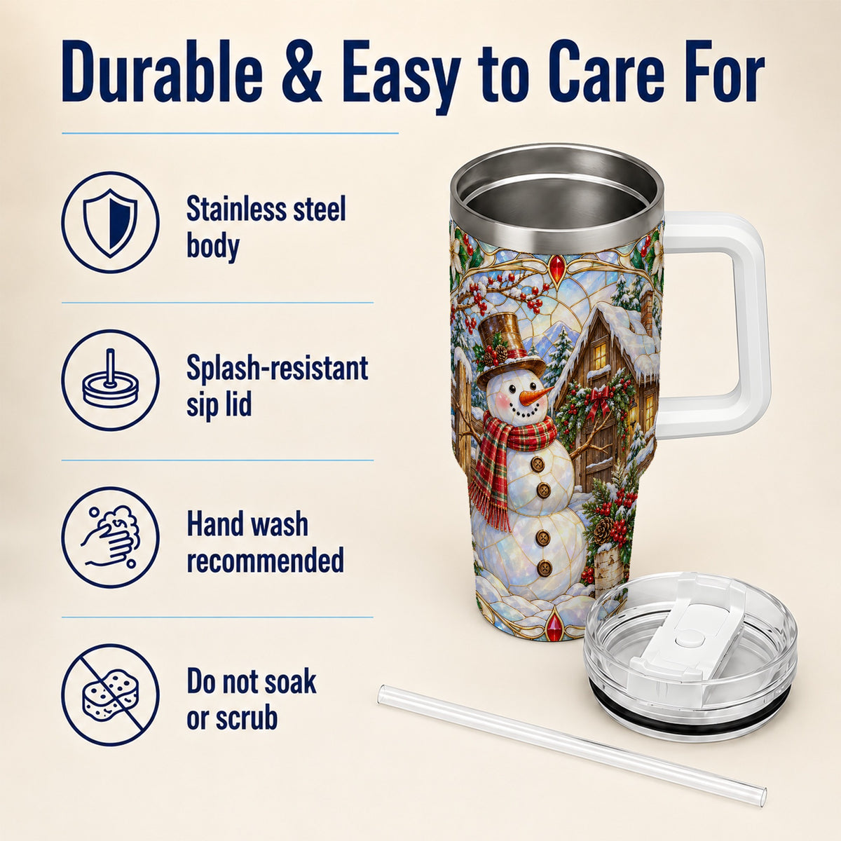 #pl[40oz|White] Snowman Cabin 40oz Tumbler with Handle, Stained Glass Style Travel Cup