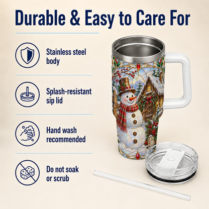 #pl[40oz|White] Snowman Cabin 40oz Tumbler with Handle, Stained Glass Style Travel Cup