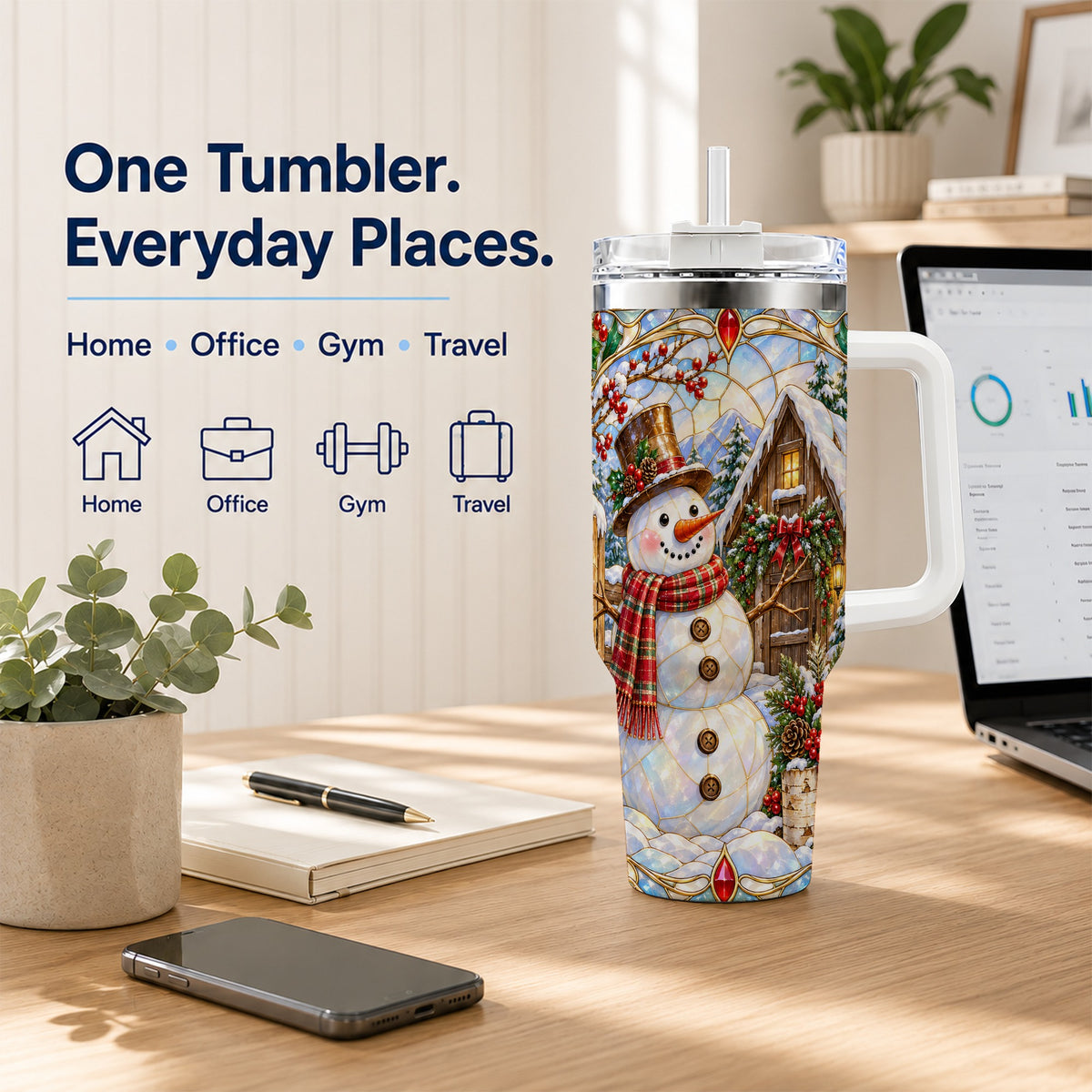 #pl[40oz|White] Snowman Cabin 40oz Tumbler with Handle, Stained Glass Style Travel Cup