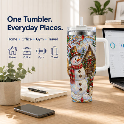 #pl[40oz|White] Snowman Cabin 40oz Tumbler with Handle, Stained Glass Style Travel Cup