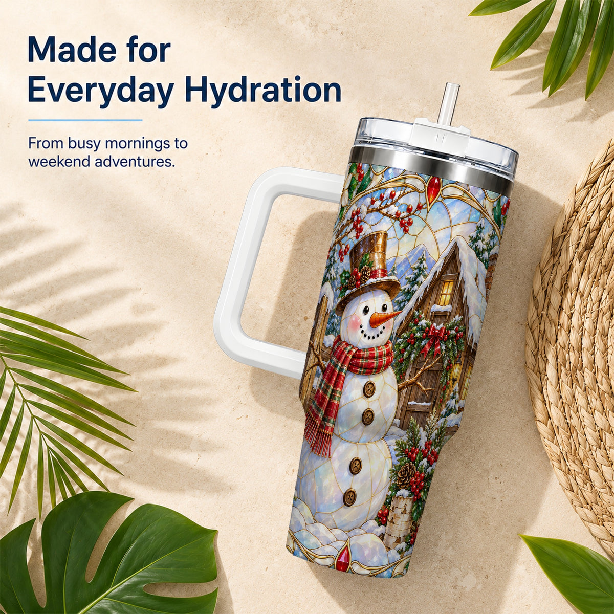 #pl[40oz|White] Snowman Cabin 40oz Tumbler with Handle, Stained Glass Style Travel Cup