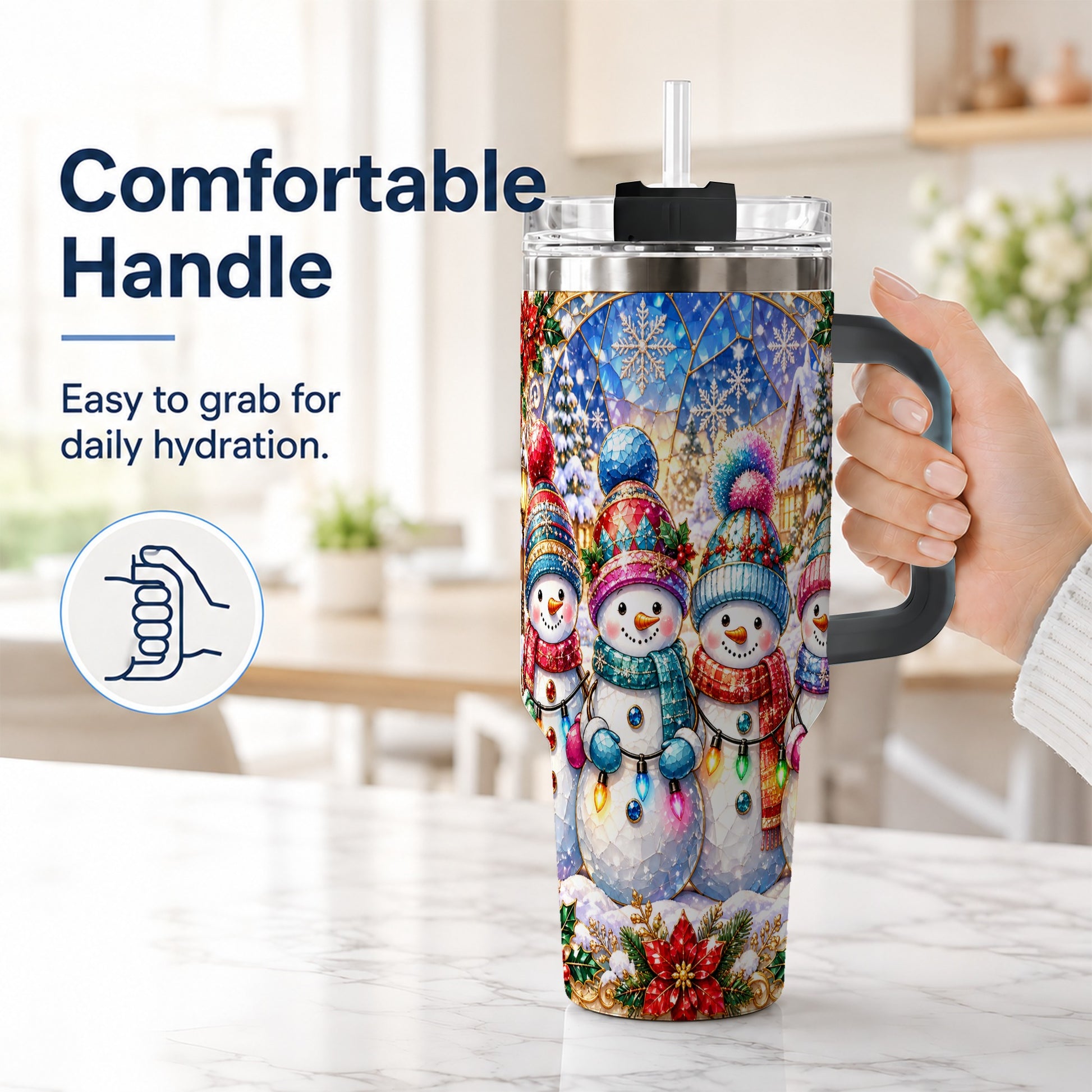 #pl[40oz|Black] Snowman Family 40oz Tumbler with Handle, Colorful Winter Travel Cup