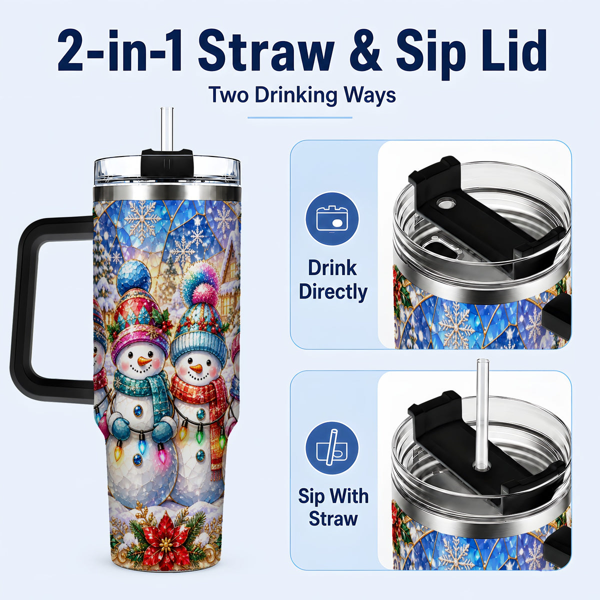 #pl[40oz|Black] Snowman Family 40oz Tumbler with Handle, Colorful Winter Travel Cup