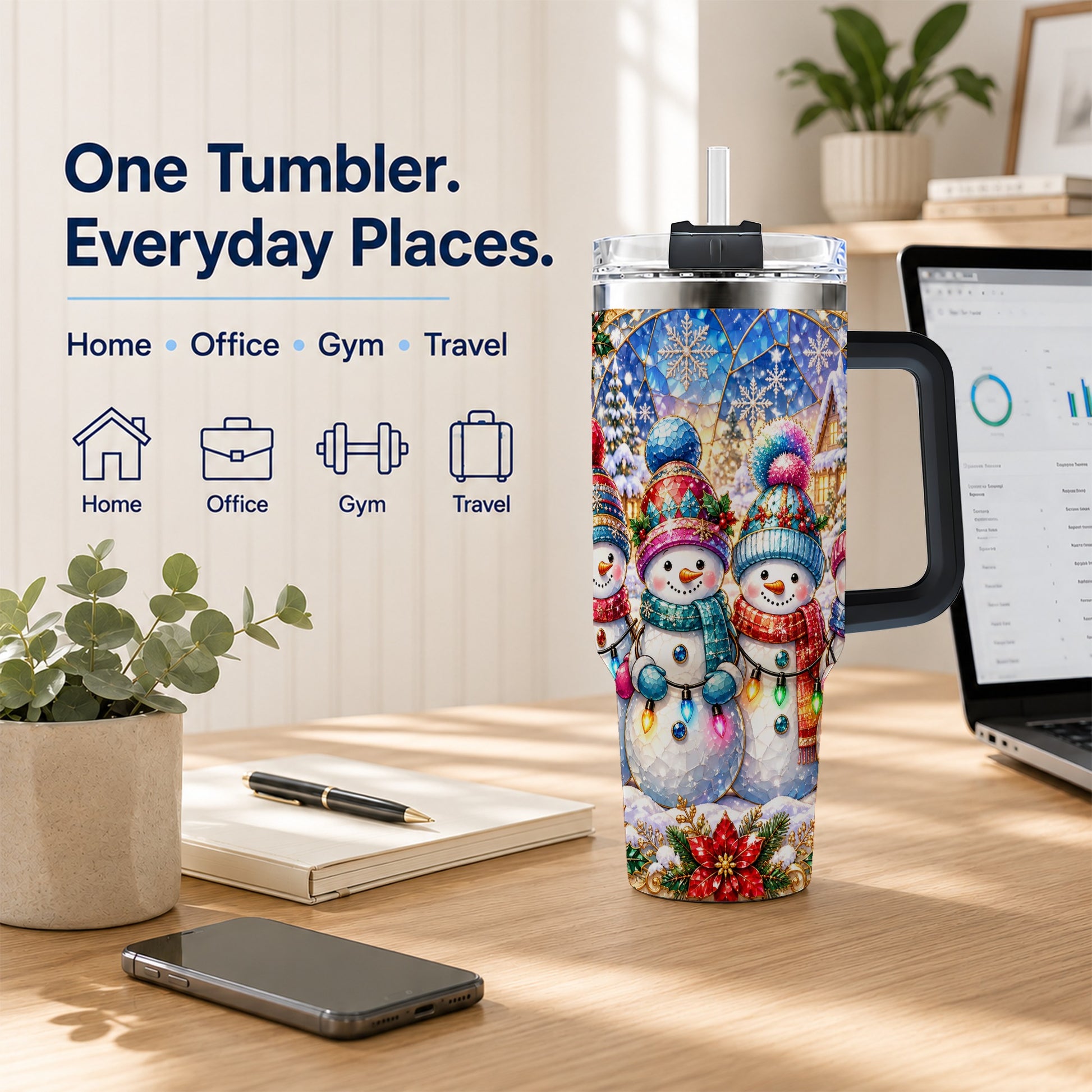 #pl[40oz|Black] Snowman Family 40oz Tumbler with Handle, Colorful Winter Travel Cup