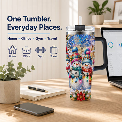 #pl[40oz|Black] Snowman Family 40oz Tumbler with Handle, Colorful Winter Travel Cup