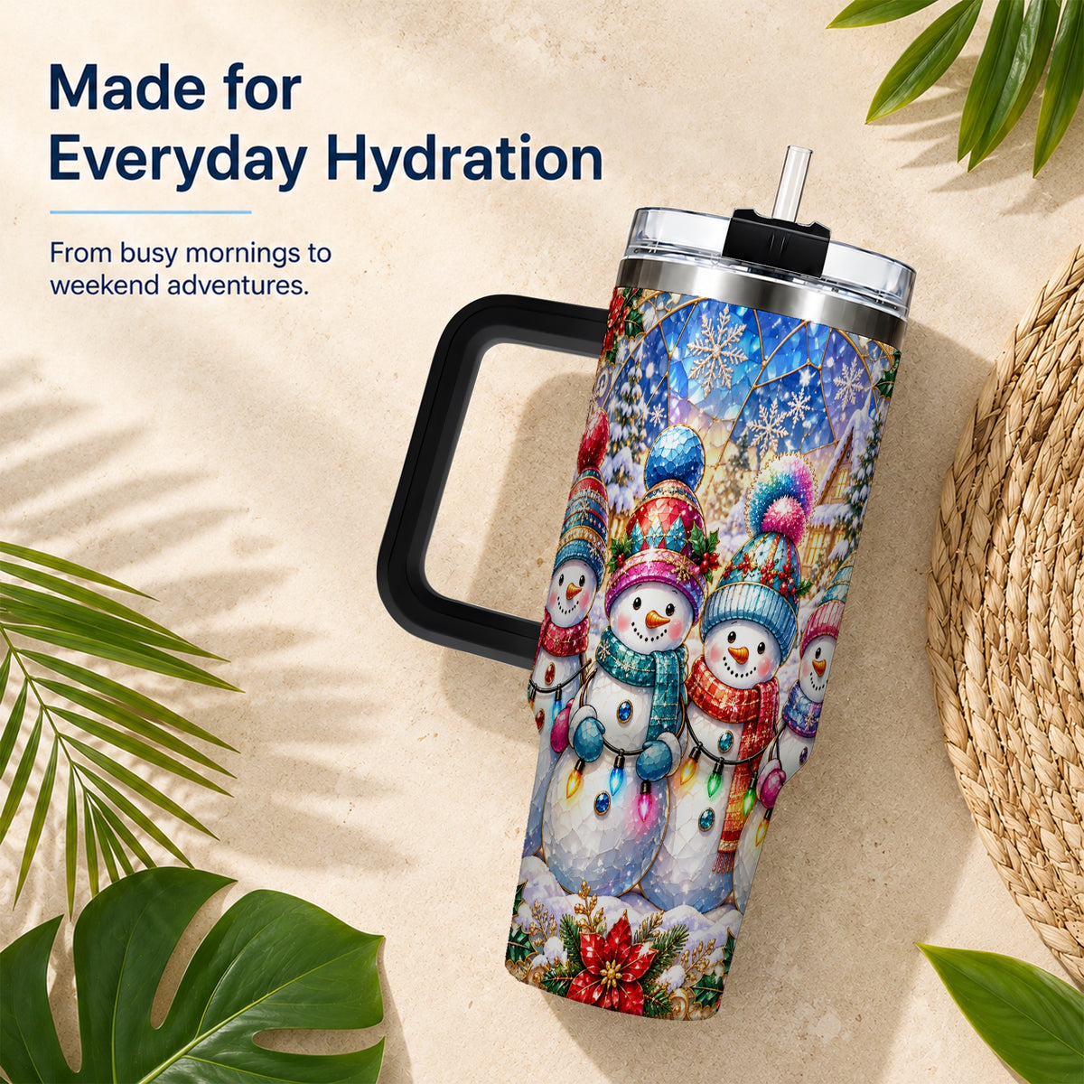 #pl[40oz|Black] Snowman Family 40oz Tumbler with Handle, Colorful Winter Travel Cup