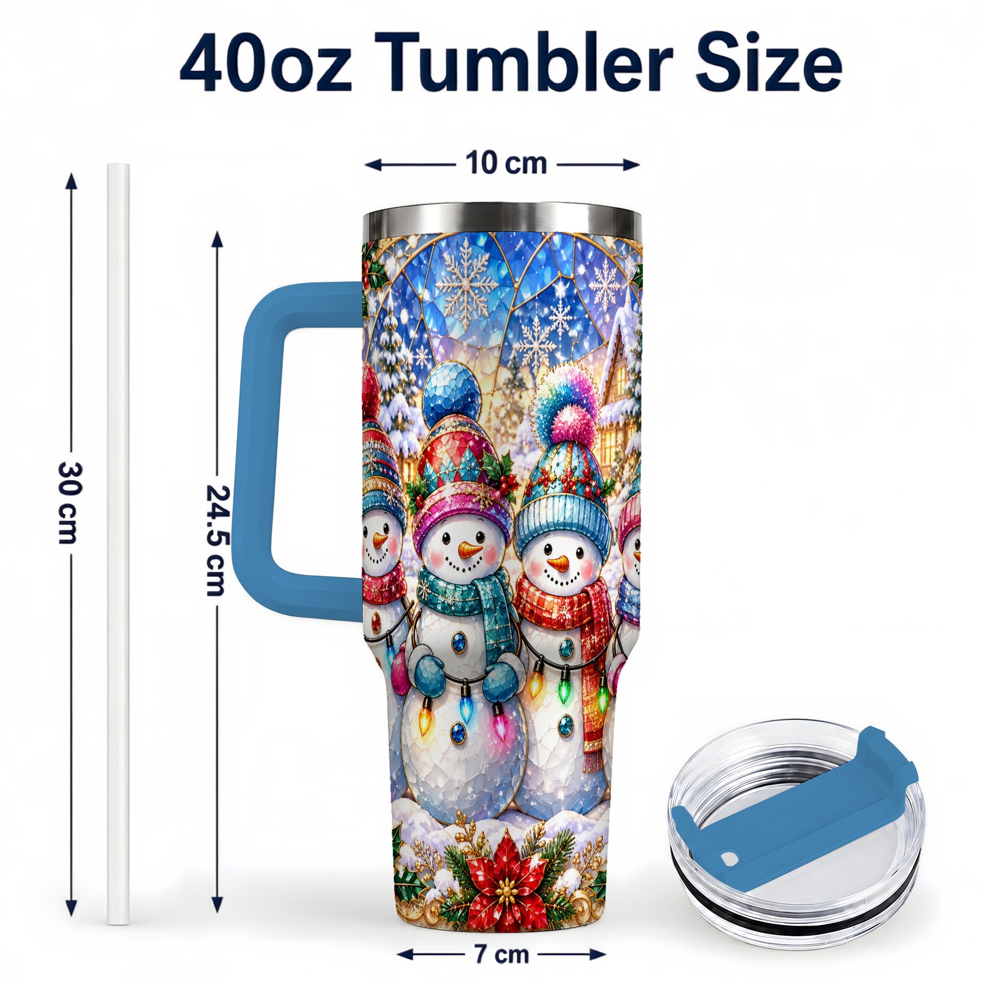 #pl[40oz|Blue] Snowman Family 40oz Tumbler with Handle, Colorful Winter Travel Cup