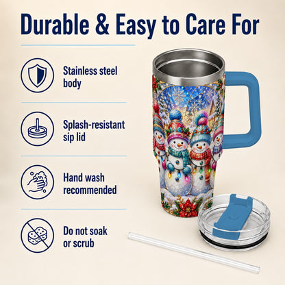#pl[40oz|Blue] Snowman Family 40oz Tumbler with Handle, Colorful Winter Travel Cup