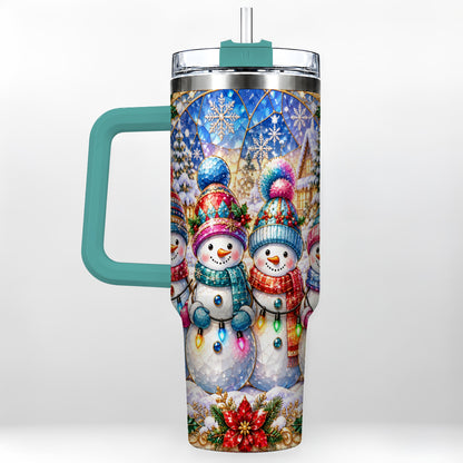 #pl[40oz|Green] Snowman Family 40oz Tumbler with Handle, Colorful Winter Travel Cup