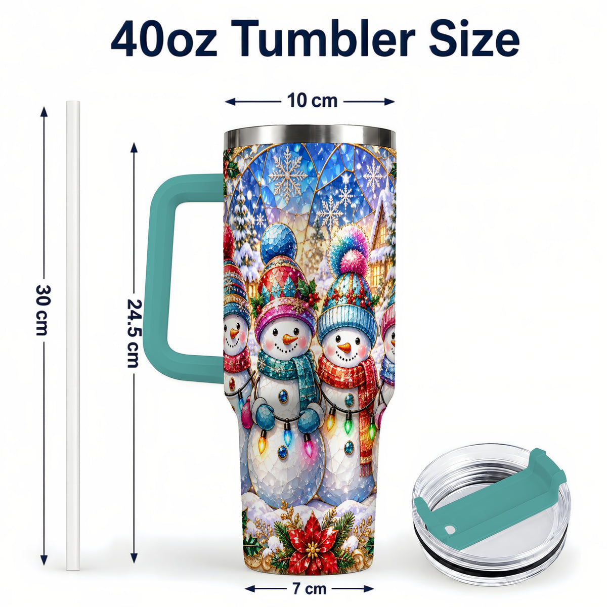 #pl[40oz|Green] Snowman Family 40oz Tumbler with Handle, Colorful Winter Travel Cup