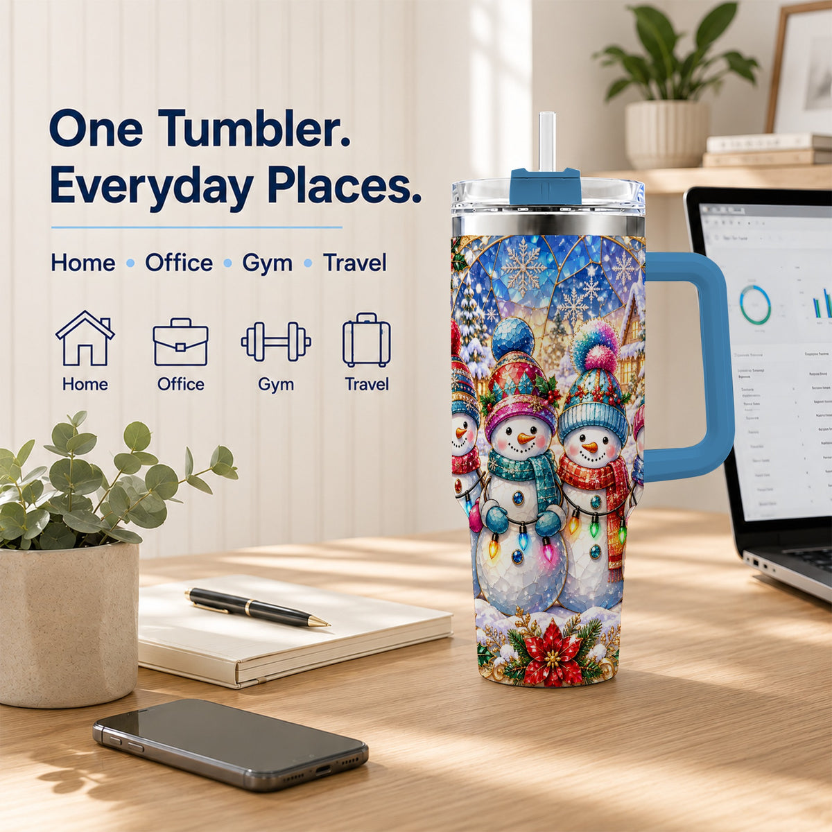 #pl[40oz|Blue] Snowman Family 40oz Tumbler with Handle, Colorful Winter Travel Cup
