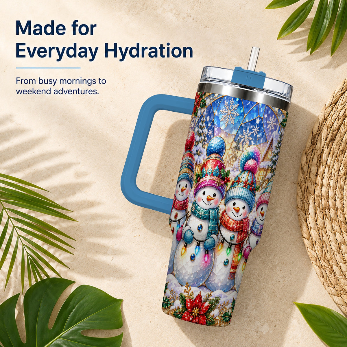 #pl[40oz|Blue] Snowman Family 40oz Tumbler with Handle, Colorful Winter Travel Cup