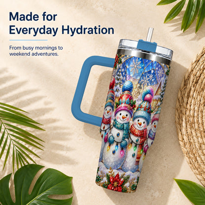 #pl[40oz|Blue] Snowman Family 40oz Tumbler with Handle, Colorful Winter Travel Cup