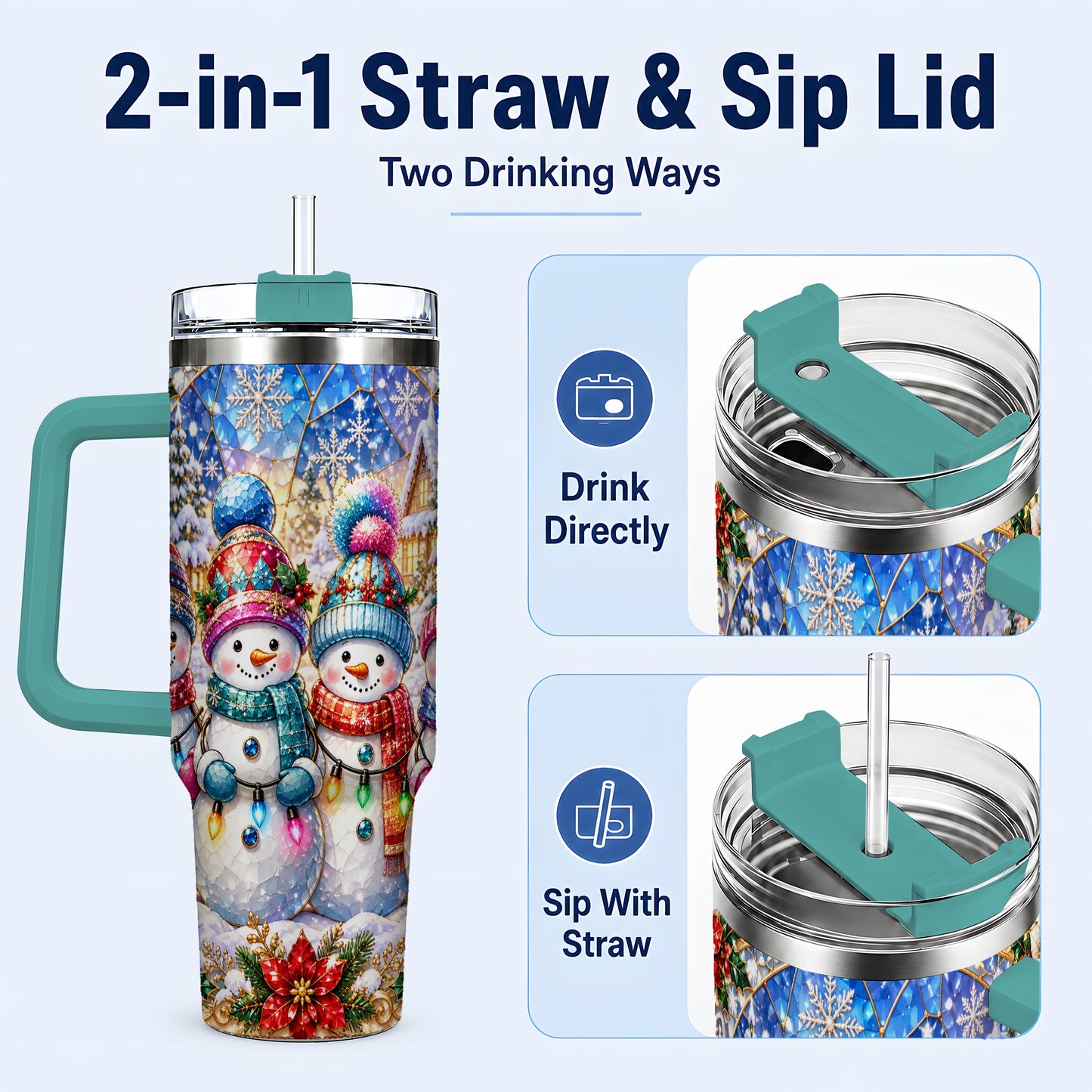 #pl[40oz|Green] Snowman Family 40oz Tumbler with Handle, Colorful Winter Travel Cup