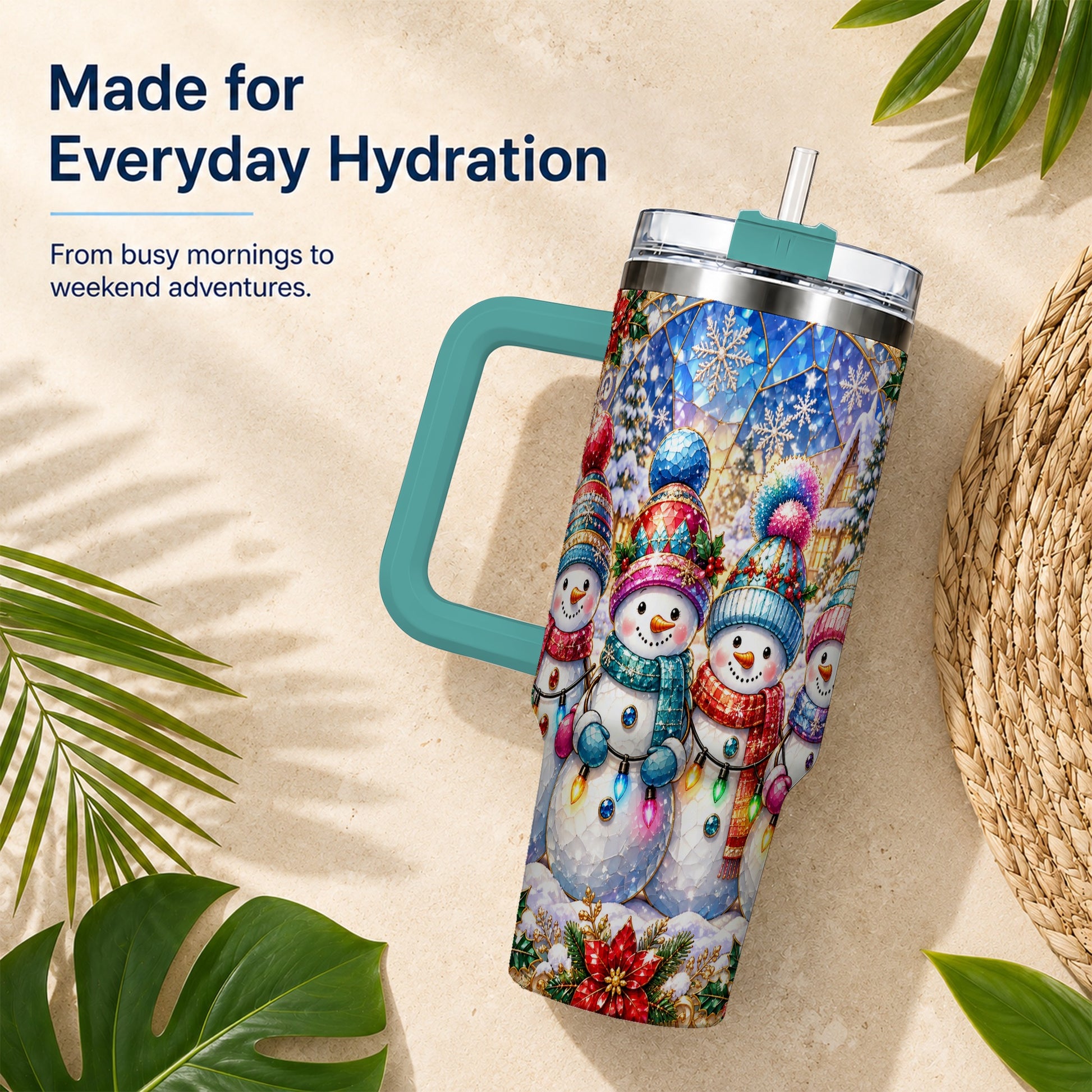 #pl[40oz|Green] Snowman Family 40oz Tumbler with Handle, Colorful Winter Travel Cup