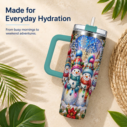 #pl[40oz|Green] Snowman Family 40oz Tumbler with Handle, Colorful Winter Travel Cup