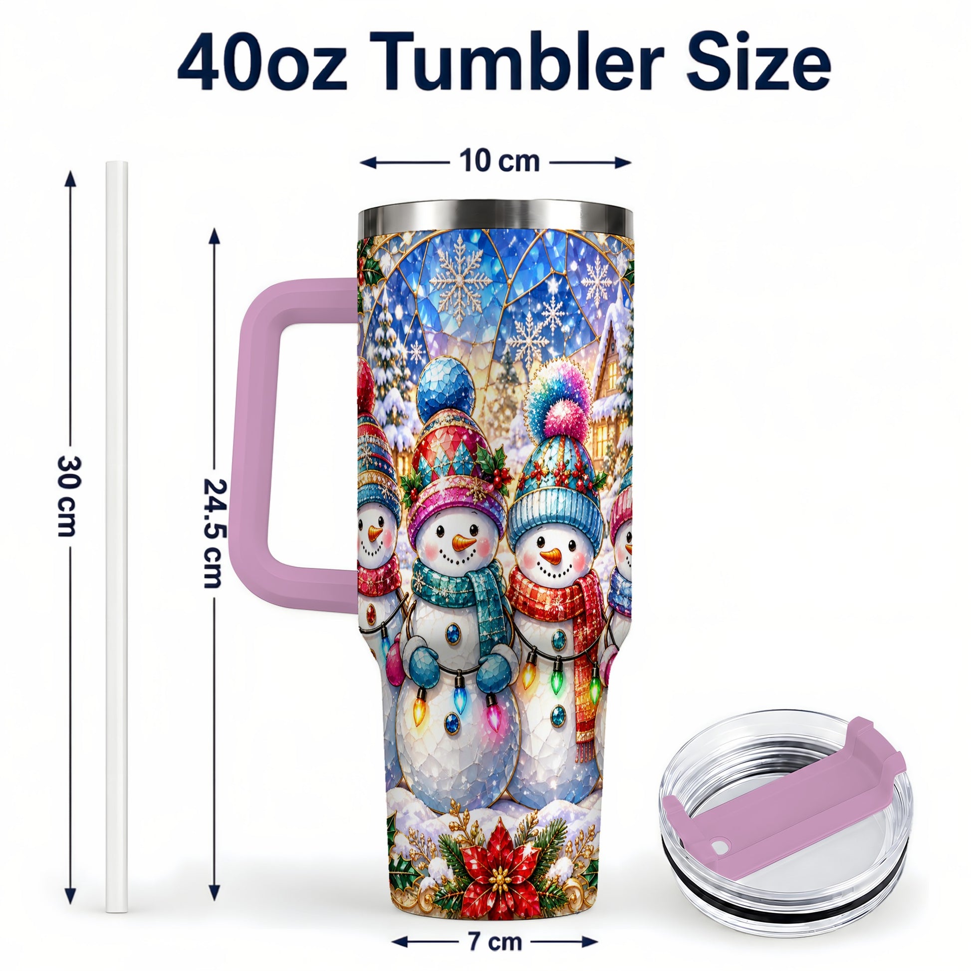#pl[40oz|Pink] Snowman Family 40oz Tumbler with Handle, Colorful Winter Travel Cup