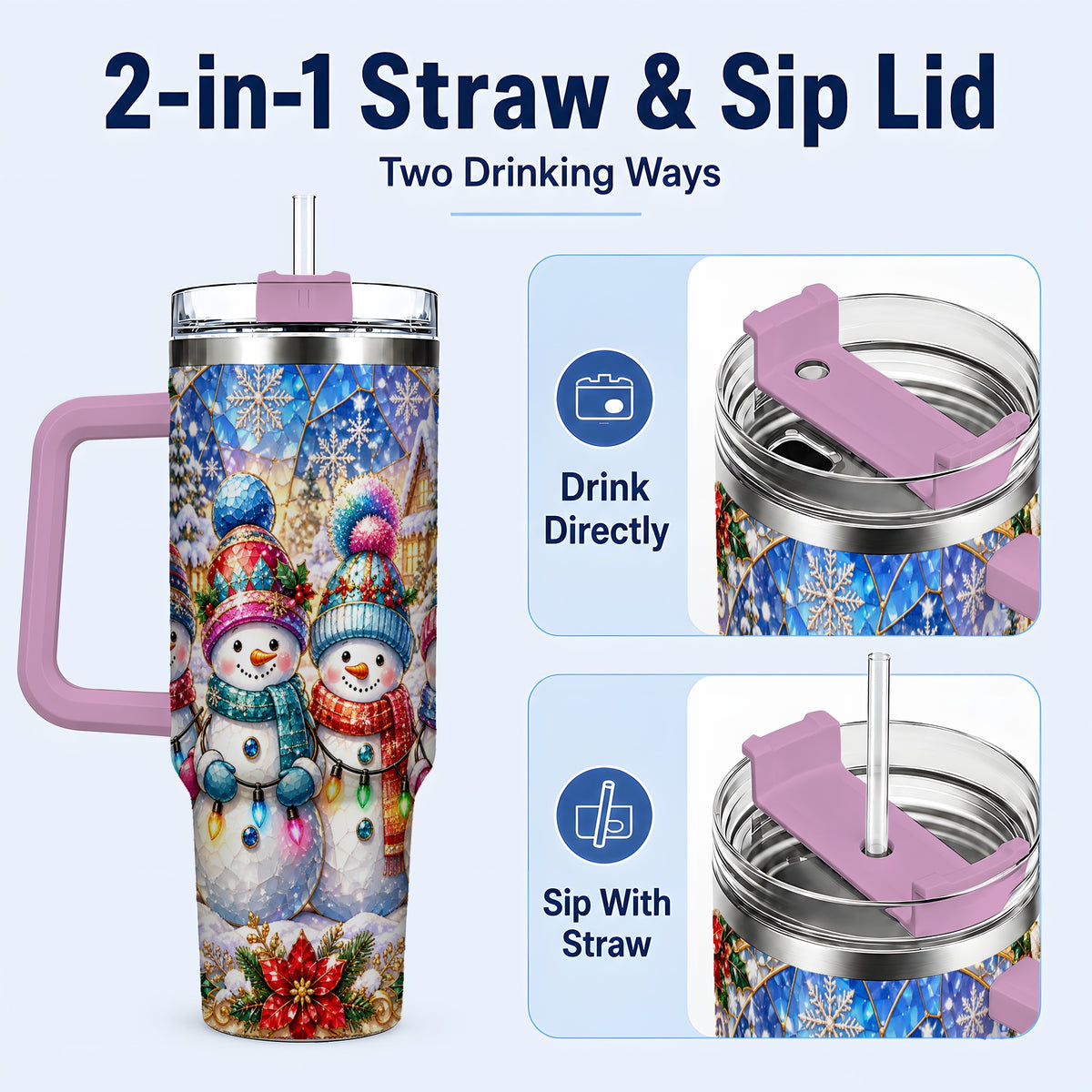 #pl[40oz|Pink] Snowman Family 40oz Tumbler with Handle, Colorful Winter Travel Cup