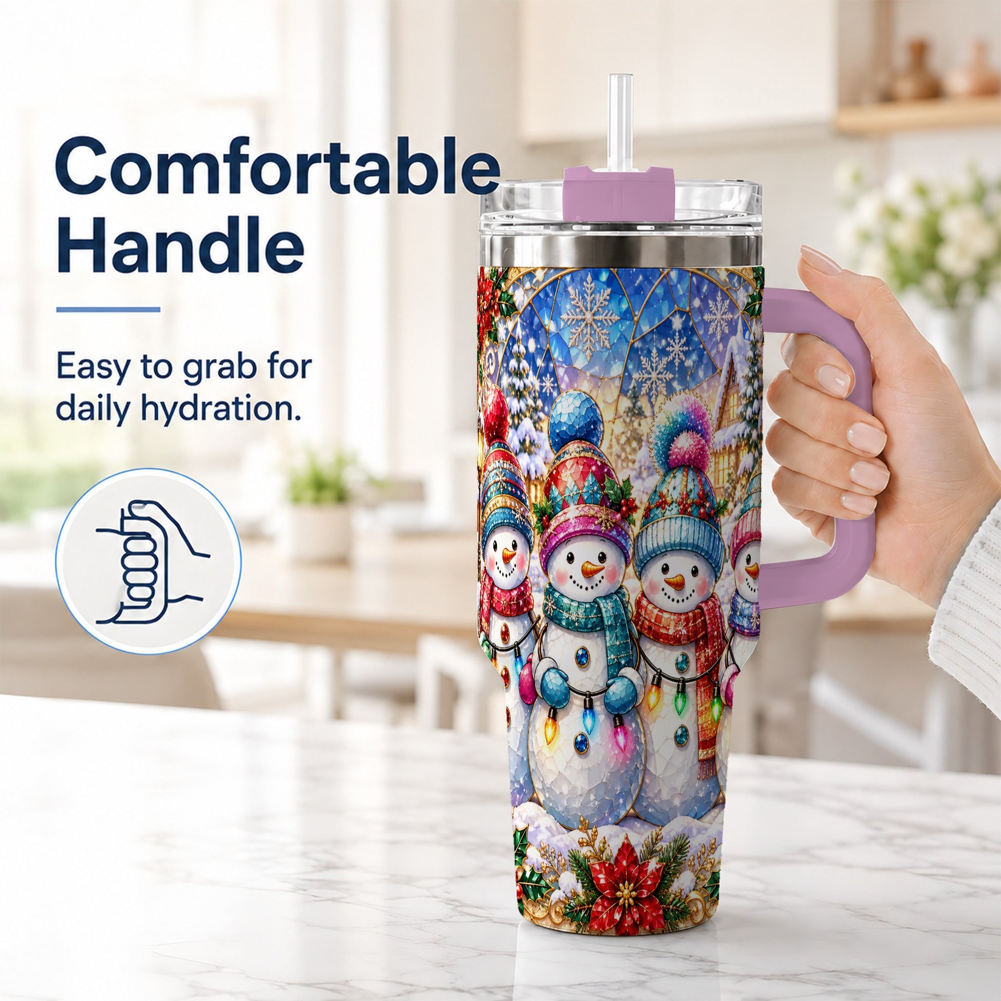 #pl[40oz|Pink] Snowman Family 40oz Tumbler with Handle, Colorful Winter Travel Cup