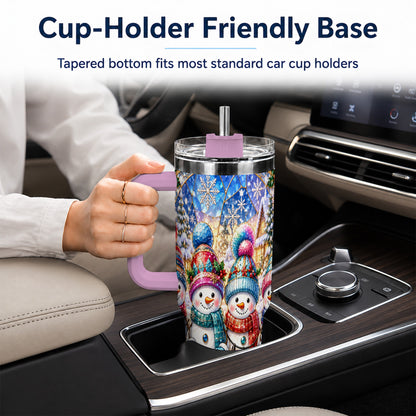#pl[40oz|Pink] Snowman Family 40oz Tumbler with Handle, Colorful Winter Travel Cup
